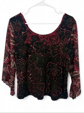 Vintage 90s Y2K Vanity Paisley Floral Beaded Blouse Large 3/4 Sleeve Whimsigoth